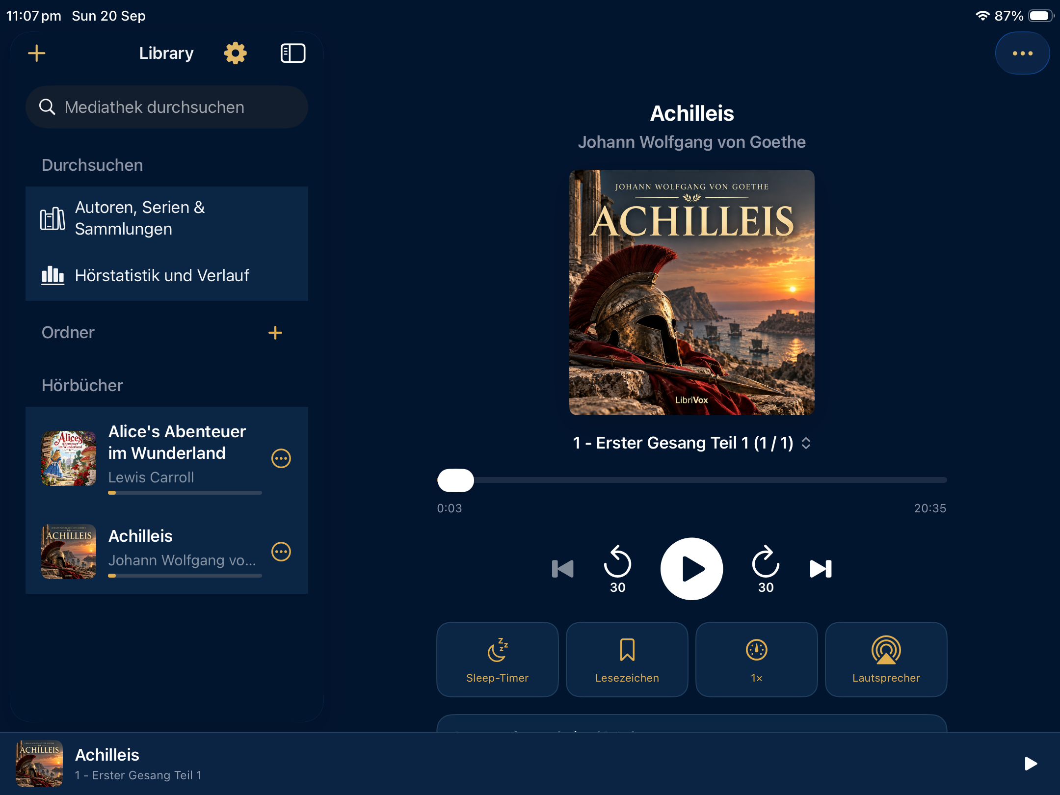 Kirshigo-Bibliothek und Player auf einem iPad