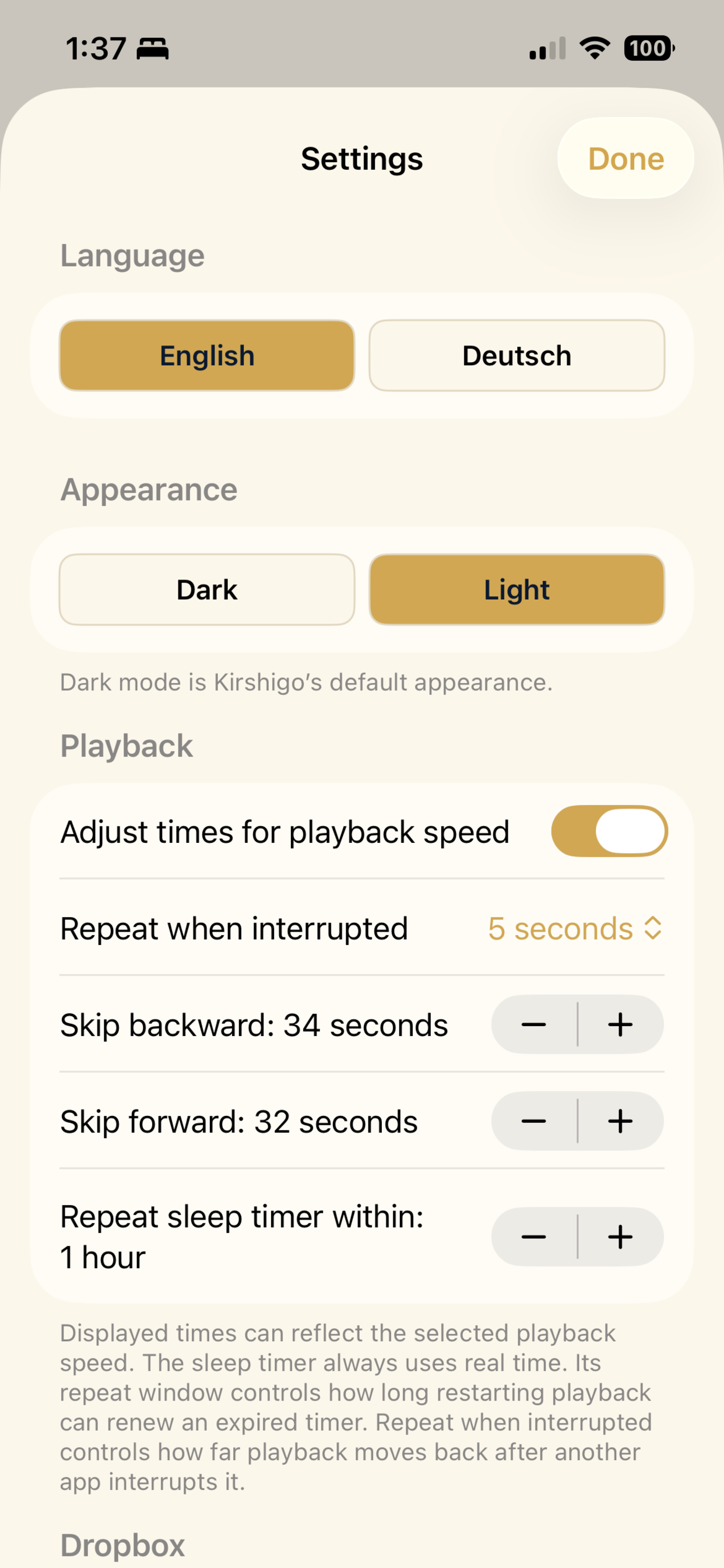 Kirshigo settings on iPhone